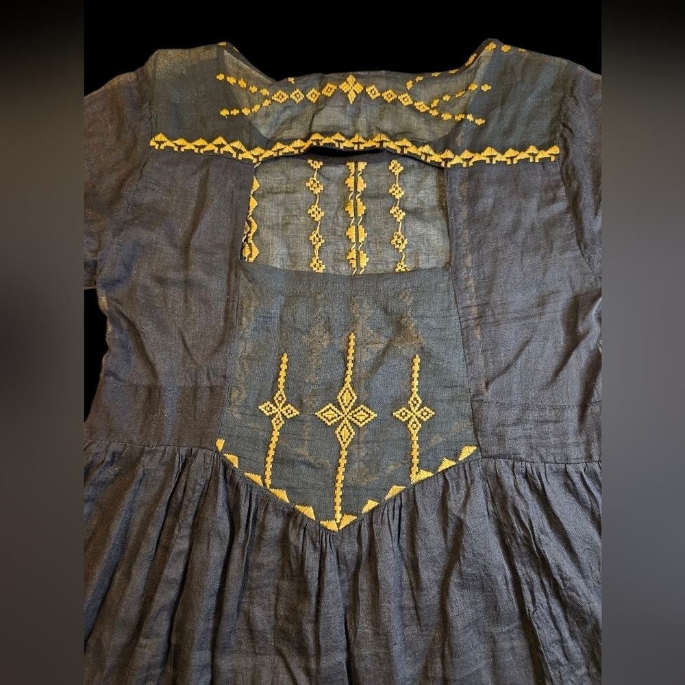 Feminine Boho Embroidered Sheer Tunic Black & Gold Dress Medium - Picture 3 of 5